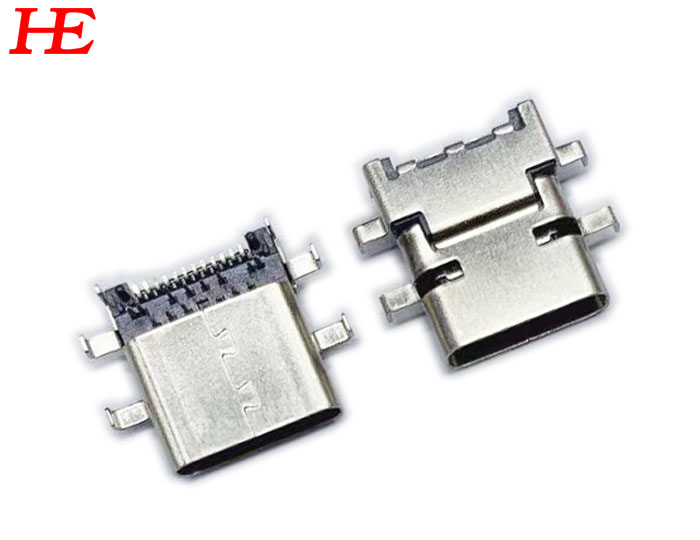 USB C/F LCP黑胶芯 端子镀金G/F,外壳不锈钢（前贴后插 沉板0.5MM)